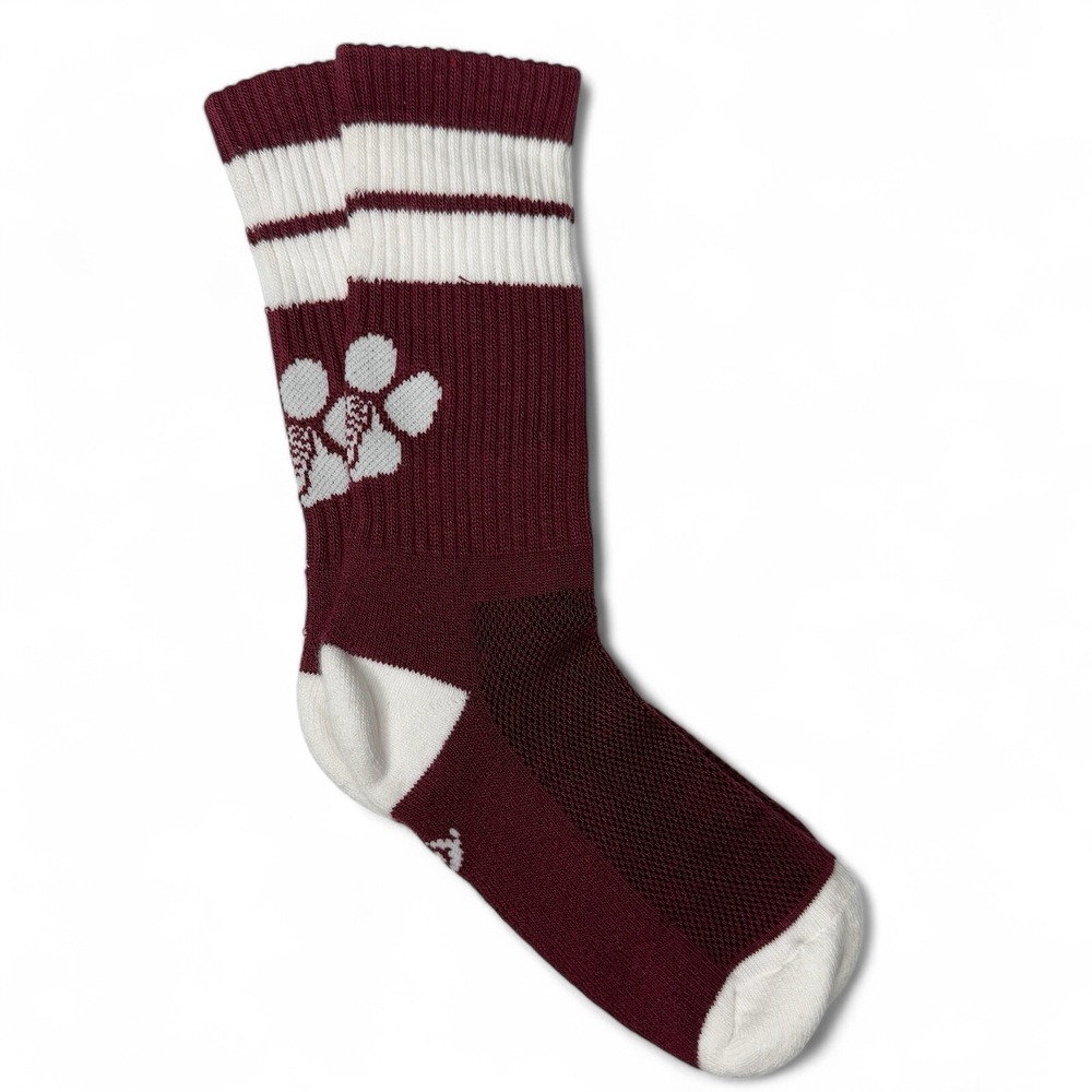 Elevation Crew Athletic Socks Maroon White Paw Print Striped Performance 7-10